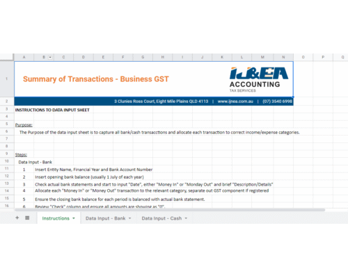 Summary of Transactions – Business GST