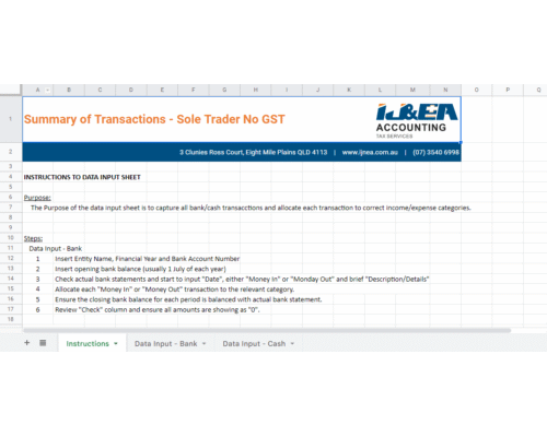 Summary of Transactions – Sole Trader No GST