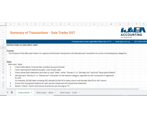Summary of Transactions – Sole Trader GST